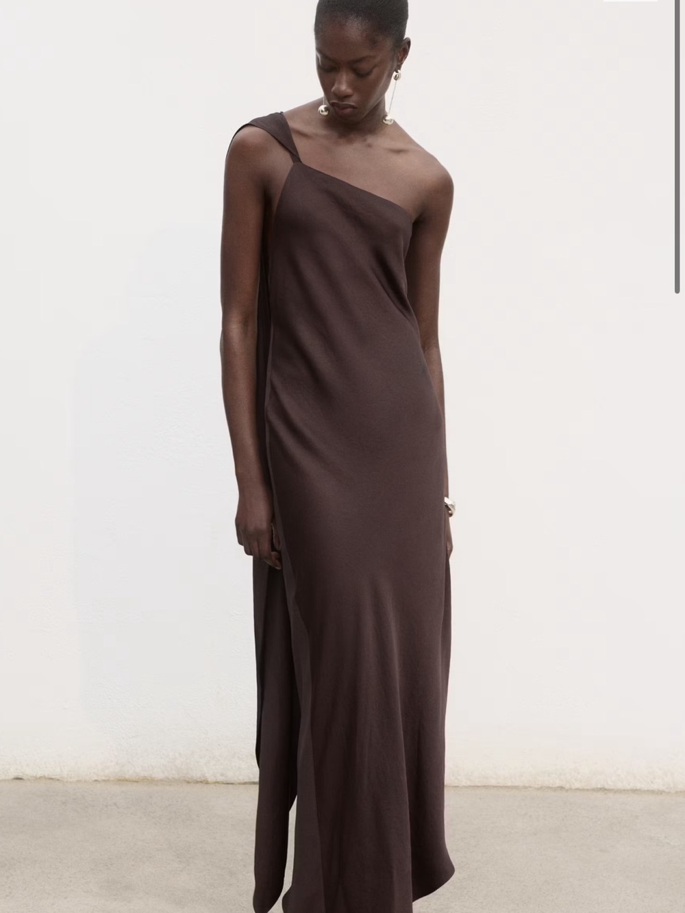 Mango One-Shoulder Dark Brown Draped Dress - Picture 2 of 7
